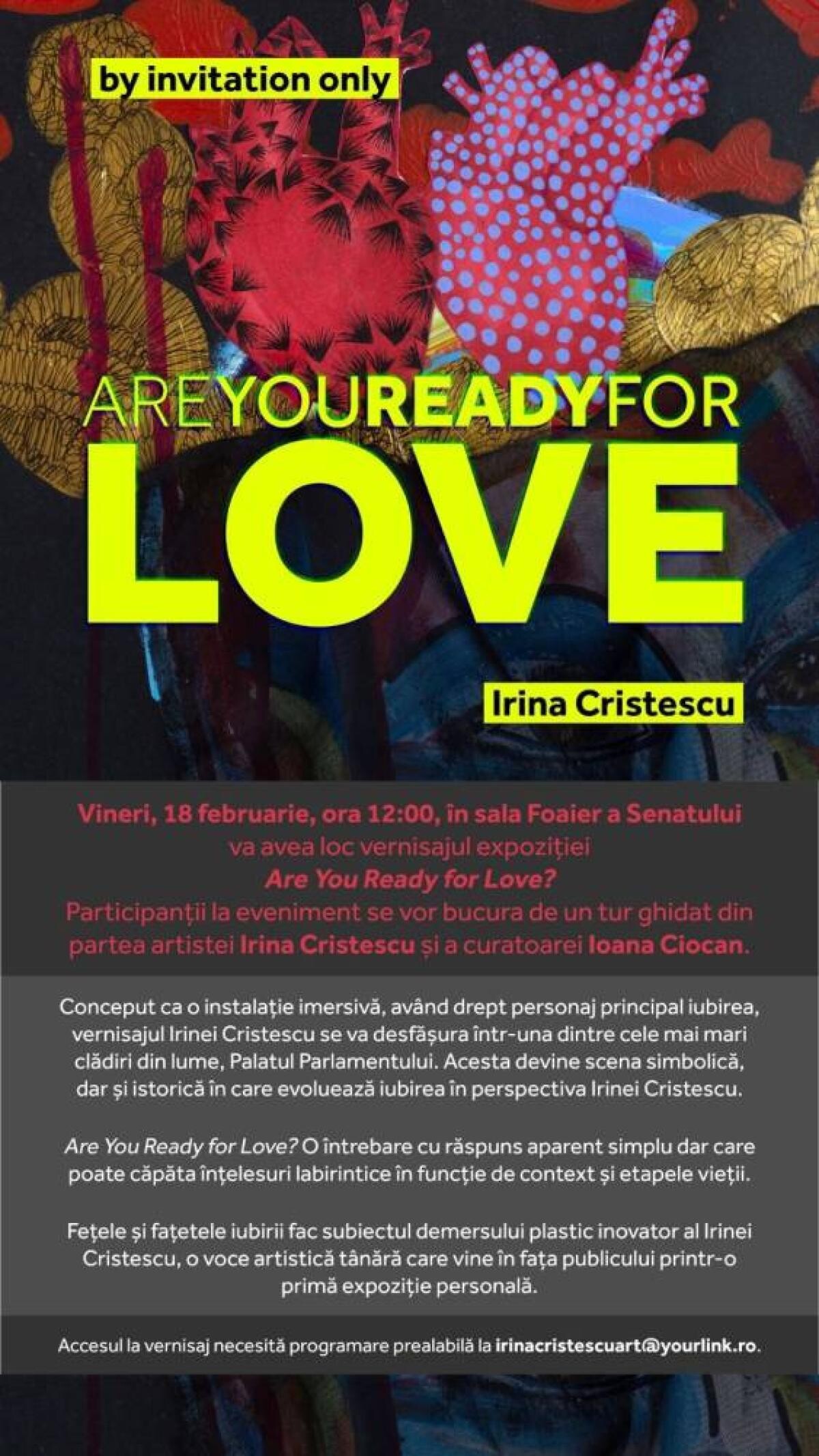 „ARE YOU READY FOR LOVE?”. Vernisaj Irina Cristescu, în sala Foaier a Senatului României