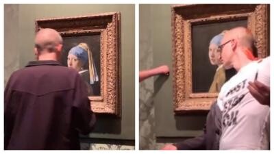 VIDEO cu momentul în care tabloul „Fata cu cercel de perlă” este vandalizat de activişti ecologişti / Captură video YouTube